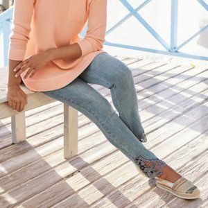 Soft Surroundings High Rise Jeans in Sky Blue with Lace Hem